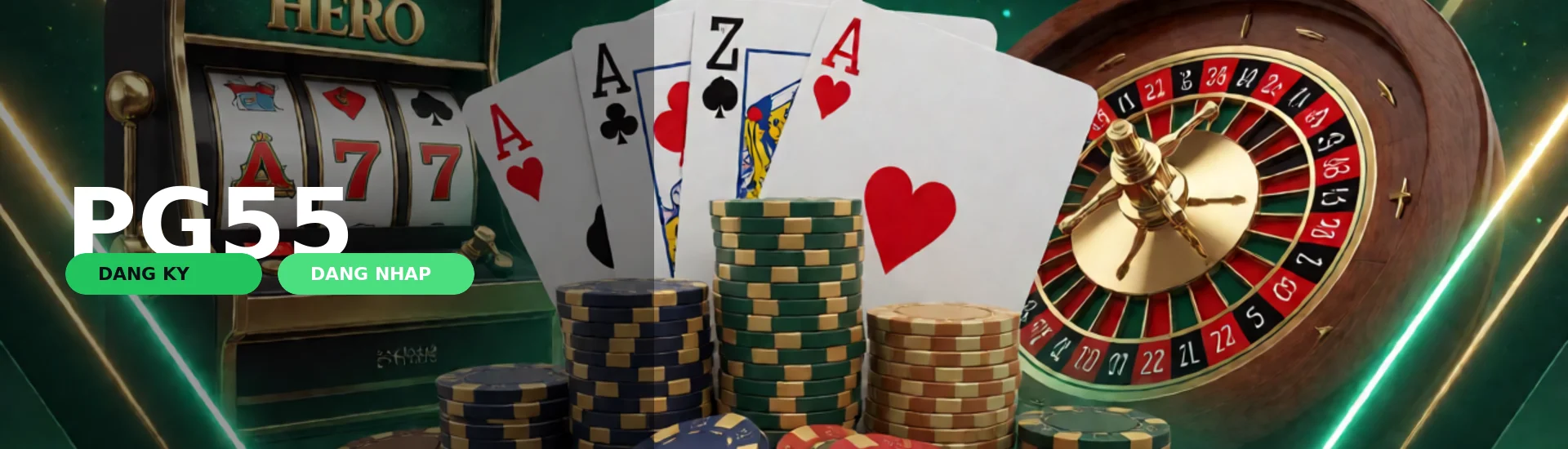 Giao diện trang chủ PG55 hiển thị sảnh casino rực rỡ ánh đèn và các màn hình trò chơi trực quan trên nền tối sang trọng